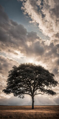 Bright sunlight over serene landscape, minimalistic scenery with single tree on horizon