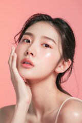 Young Asian beauty woman pulled back hair with korean makeup style touch her face and perfect skin on isolated one color background - generative ai