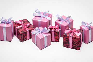  Lot of holiday boxes. Gift in box. Multicolored ribbons. Boxes in row. Celebration. Happy Holidays. Copy space.