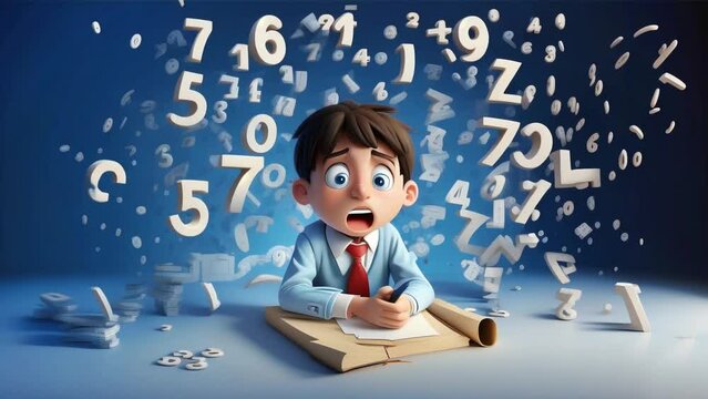 scared schoolboy surrounded by numbers