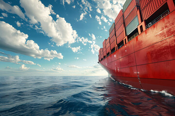 Side view of a large red cargo ship at sea under a sky with scattered clouds