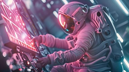 Astronaut Repairing Machine in Space Suit in Space