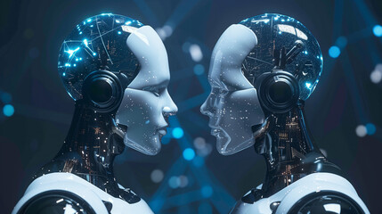 Futuristic humanoid robots with illuminated neural network designs.