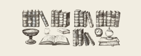 Obraz premium Books sketch. Literature, library concept in vintage style. Hand drawn vector design elements. vector simple illustration