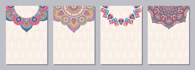 Set of four color cards or flyers with ethnic mandala ornament. Abstract mandala flyer design. Decorative colorful pattern with ornate texture, tribal ethnic oriental motif. Vector layout design. - 789189476
