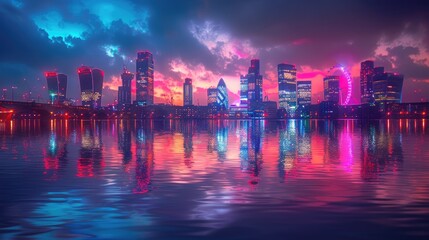 Futuristic Cityscape with Vibrant Sunset Reflecting on Water.

