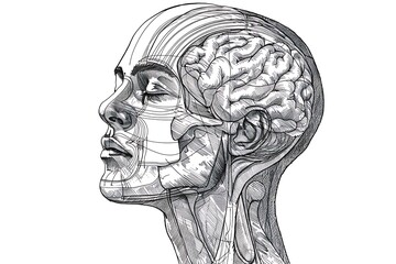 Psychology or medical illustration of male head. Black and white vector line art medical illustration of male head showing phrenology or psychology labels . - obrazy, fototapety, plakaty