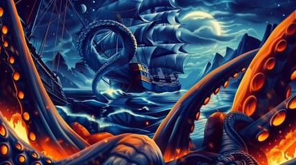 Mighty Kraken rising from the depths of the ocean tentacles entwined with ancient shipwrecks - obrazy, fototapety, plakaty