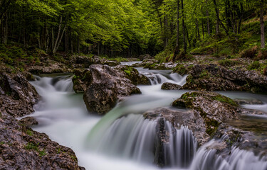 River waterfall in the forest. Forest river waterfall