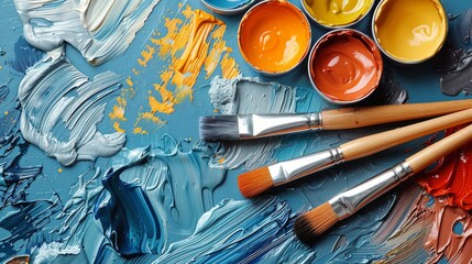 Paint Brushes on Blue Table - obrazy, fototapety, plakaty