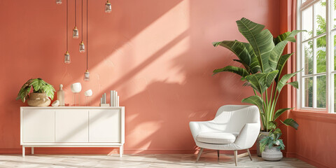 A minimalist room living room with peach-colored walls, white furniture and plants, Peach fuzz...