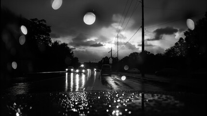 Black and white photography of the rainy street, dark with clouds. Landscapes photography