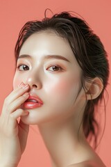 Young Asian beauty woman pulled back hair with korean makeup style touch her face and perfect skin on isolated one color background - generative ai