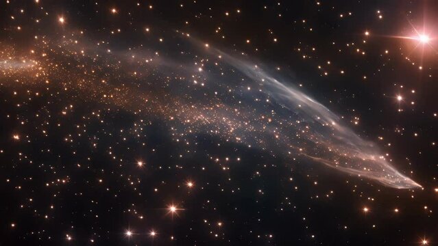 Closeup of a comets tail showing a trail of shimmering particles illuminated by the distant light of a galaxy. .