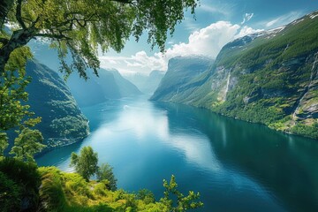 Beautiful Summer Landscape Travel. Tour Tourism in Scenic Norge with Mountain and Water View - obrazy, fototapety, plakaty