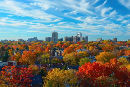 Autumn Skyline of Kitchener City. A Panoramic View of Town Architecture with Vibrant Fall Landscape Colors and Blue Sky