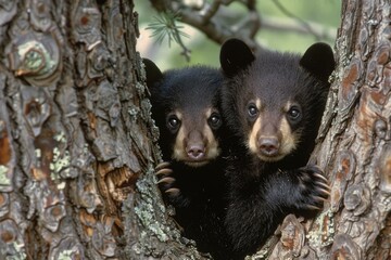 Black Bear Cubs in Natural Habitat. Twin Cubs Playing Amongst Trees in a Beautiful Green Forest. An Adorable Display of Wildlife at Play