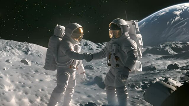 Astronauts Shaking Hands on the Lunar Surface With Earth in the Background 