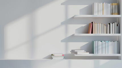 Modern white bookshelf with assorted books in daylight.