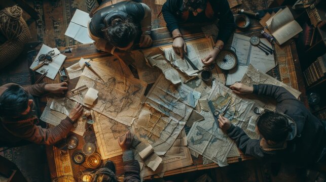 A group of thieves planning a heist around a cluttered table filled with maps and tools