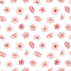 Cherry blossom seamless pattern. Sakura flowers. Isolated on white background. Vector illustration. Cute floral print.