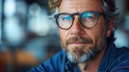 A man with glasses and a beard smiles at the camera, looking pleased - obrazy, fototapety, plakaty