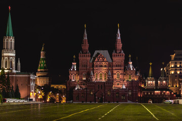 Moscow Red Square at night with the illuminated State Historical Museum, clear skies, travel and...