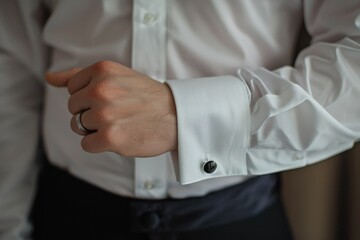 Confidence in Style: Close Up of Black Cufflink on Man in White Shirt with Boutonniere and Buttons. Celebrating Ceremony with Arm Accessory