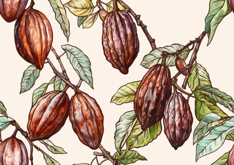 Cocoa tree branch with cocoa beans, chocolate beans, Seamless pattern, background. Vector illustration. In botanical style - 789192265
