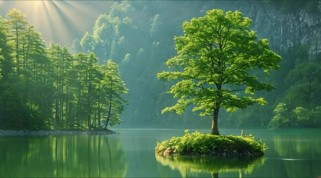 beautiful view of a small island in a lake covered with trees footage