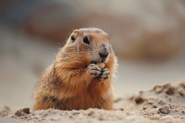 Naklejka na ściany i meble Cute Groundhogs Enjoying a Light Snack on Sandy Terrain: A Wildlife Scene of Rodents in their Natural Habitat