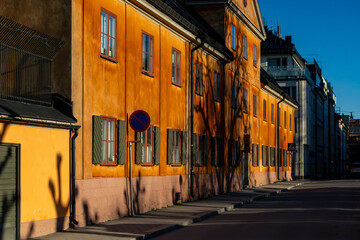 Stockholm, Sweden Shadows of pollarded trees on orange facade on Johannesgatan in the centre of town. - obrazy, fototapety, plakaty