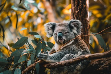 koala bear sitting on tree eating eucalyptus leaves.