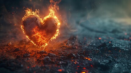 Damaged 3D heart, ablaze with fire, visual metaphor for intense pain and passion