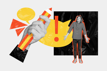 Creative collage standing young questioned young man huge pencil arm hold conversation dialog textboxes bubbles polyethylene pollution