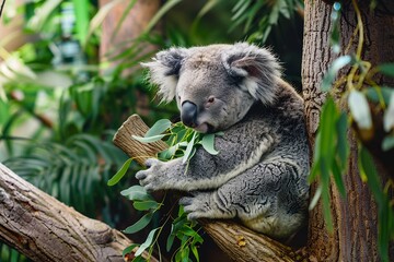 koala bear sitting on tree eating eucalyptus leaves.