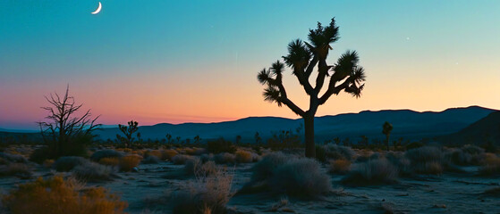 Fototapeta premium A cactus tree stands against a purple sky during dusk in the natural landscape