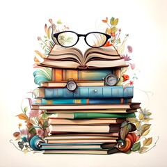 Bookworm's Haven: Stack of books, reading glasses, and bookmarks in a whimsical design