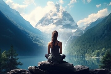 meditating woman sits by peaceful lake on mountain view