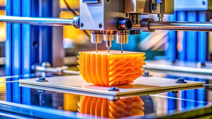 Close-Up of 3D Printer in Action: A photograph focusing closely on a 3D printer in operation, showcasing additive manufacturing technology and rapid prototyping capabilities.

