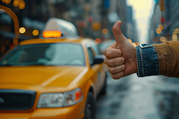 Man Giving Thumbs Up While Hailing a Taxi on City Street