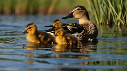 mother duck with ducklings in a pond in autumn with reeds ,AI generated	