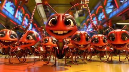 a group of cartoon ants are standing next to each other and smiling