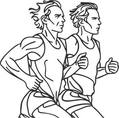 Two athletes are running a marathon. Black and white sketch. Vector illustration