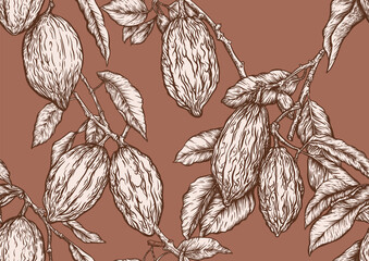 Cocoa tree branch with cocoa beans, chocolate beans, Seamless pattern, background. Vector illustration. In botanical style - 789194607
