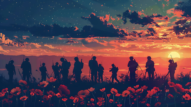 ANZAC, Remembrance Day Celebration.A field of red poppies blooming in the foreground, with the silhouettes of soldiers sunset