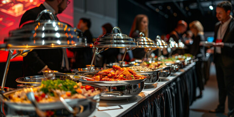 a people stand around an elegant indoor table with many food and  various dishes like grilled meat...