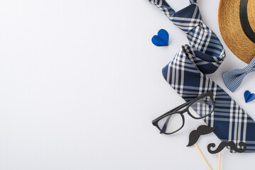 Fatherly Fashion: Overhead view of a straw hat, refined necktie, bow tie, glasses, mustache props, and heart cutouts on white. Great for Father's Day wishes or promotion - obrazy, fototapety, plakaty