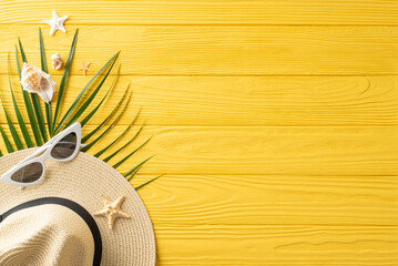 Dive into summer serenity: straw hat, sunglasses, tropical treats - oranges, pineapple, coconuts,...
