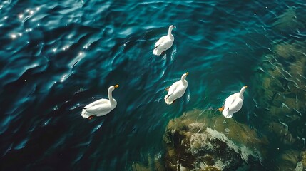 Serene aquatic scene with elegant swans swimming gracefully. Tranquil water, wildlife in their natural habitat. Perfect for nature-themed designs. AI